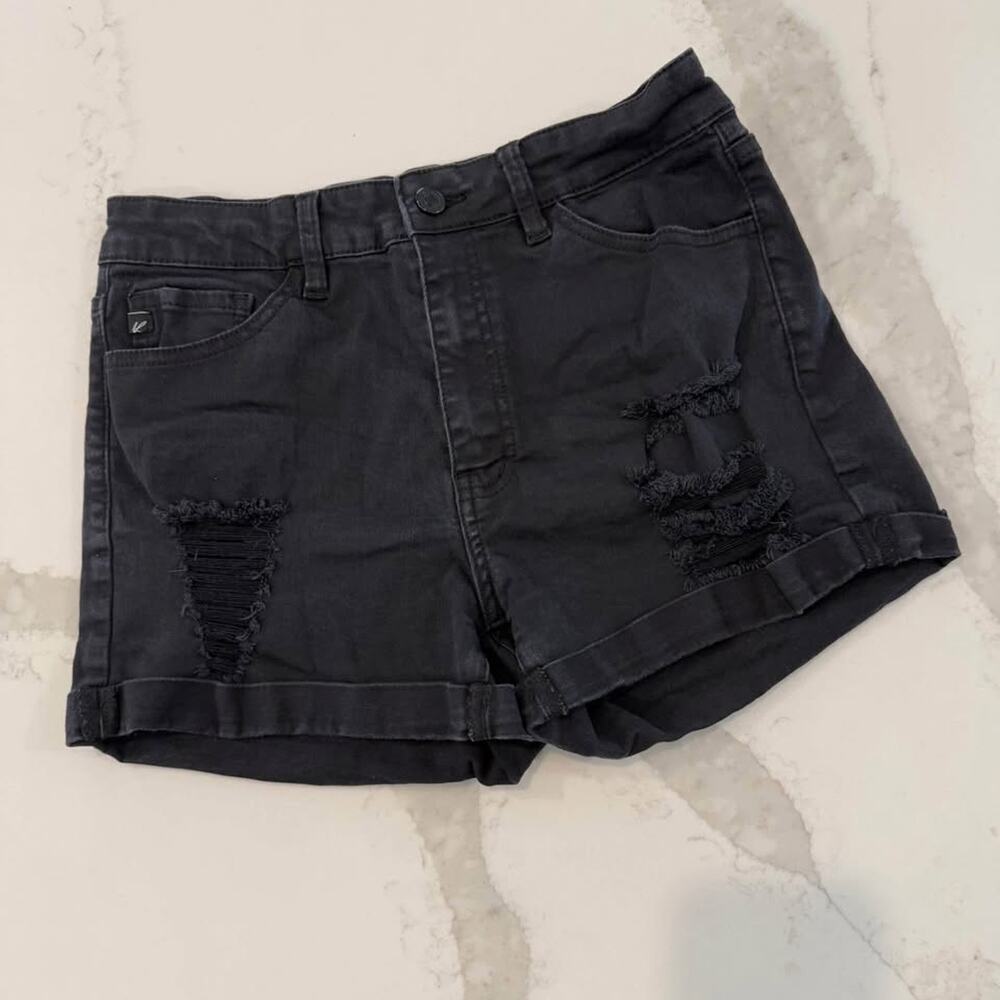 KanCan Black Denim Distressed Jean Shorts High Rise Cuffed Pockets Women's 28